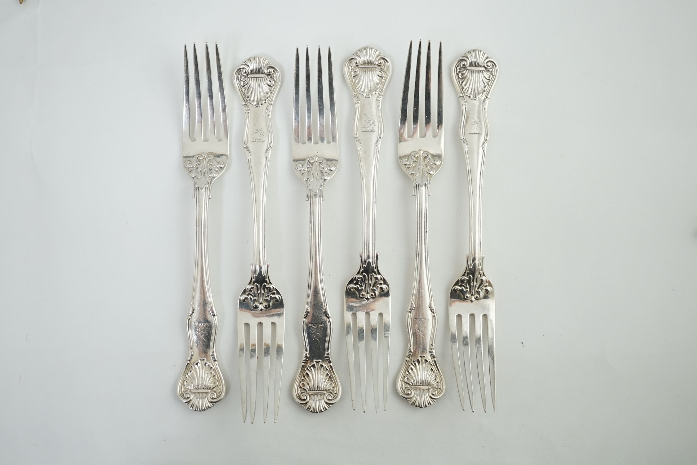 Six Victorian silver Kings pattern table forks, by George William Adam, London, five 1848, one 1863